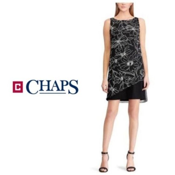 Chaps Womens Black Floral Sleeveless Chiffon Overlay A line Dress Sz 6 New - Picture 5 of 9